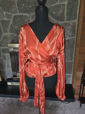 Diarrablu Rust Wrap Blouse with Cream Leaf Print